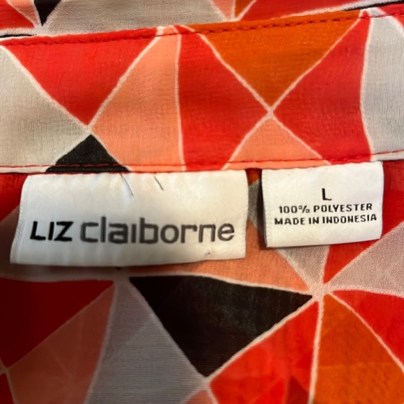 LIZ CLAIBORNE SHEER GEOMETRIC PRINT BUTTON DOWN BLOUSE WOMEN’S SZ L - Picture 6 of 7
